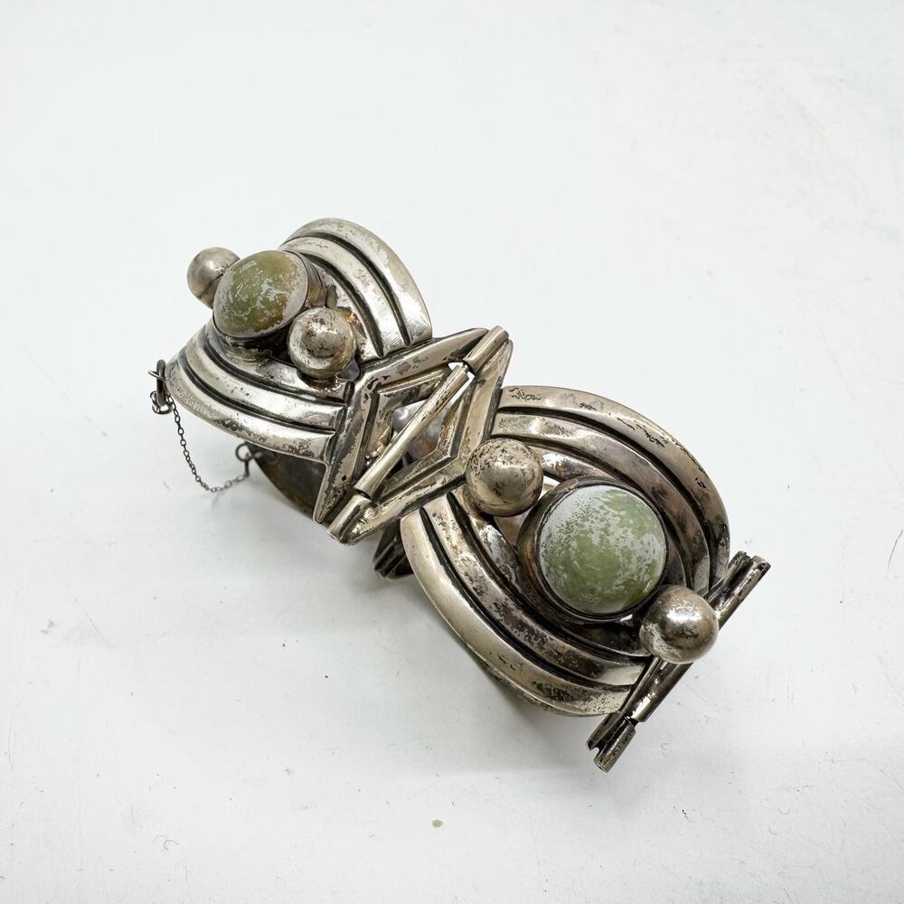Vintage 40s Mexican Sterling Silver & Cabochon Bracelet - Picture 3 of 9